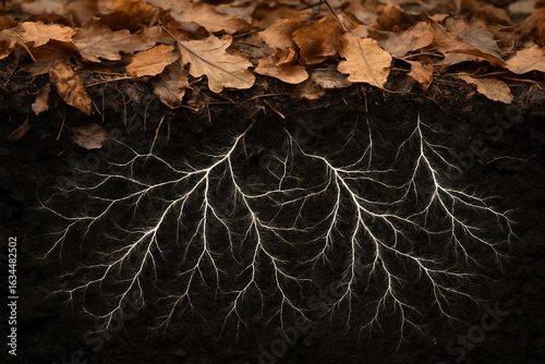 Conceptual art of a glowing mycelium root system beneath autumn forest floor