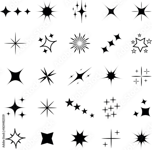 Sparkle and Star Icon Set.  Twinkle, Shine, Glow, Burst, Minimal Silhouettes for Design and Decoration