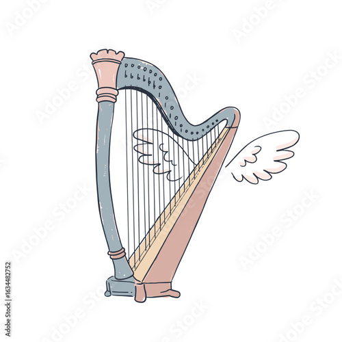 Winged harp illustration with soft colors on white background  