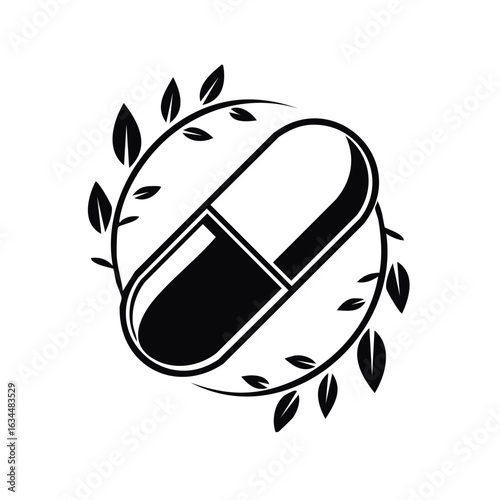 Herbal Medicine Capsule With Leaves, Natural Treatment Icon, Black And White