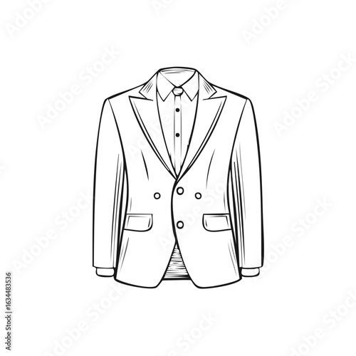 Line Art of a Classic Suit Coat and Shirt Isolated on White Elegant Style Garment