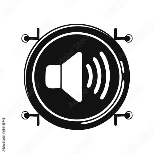 Loudspeaker icon in black circle with sound waves and metal supports in each corner