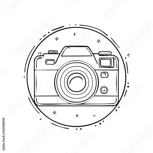 Single lens reflex camera with a circle and star design, black and white line art illustration for photo equipment and travel concepts