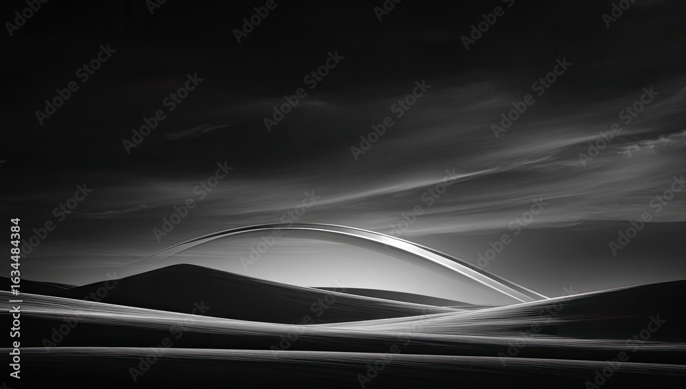 Fototapeta premium A serene, minimalist landscape. A silver arch spans a vast, dune-like expanse, bathed in soft light