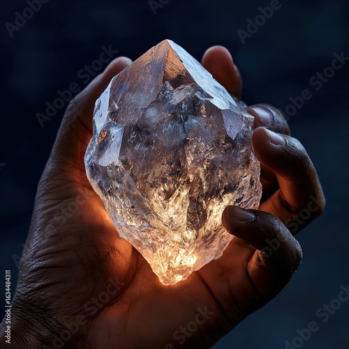Close-up of a hand holding a glowing crystal against a dark background, using cinematic lighting effects to showcase the luxury and elegance of high-end jewelry style.