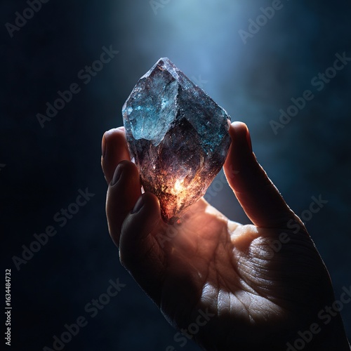 Close-up of a hand holding a glowing crystal against a dark background, using cinematic lighting effects to showcase the luxury and elegance of high-end jewelry style.