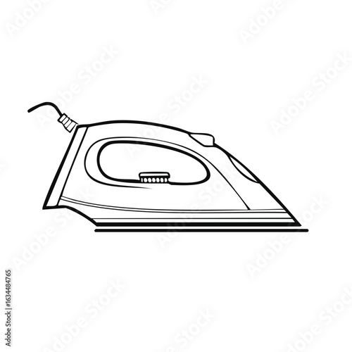 Iron outline vector graphic depicting appliance with cord and steam vents for pressing clothing with line art style