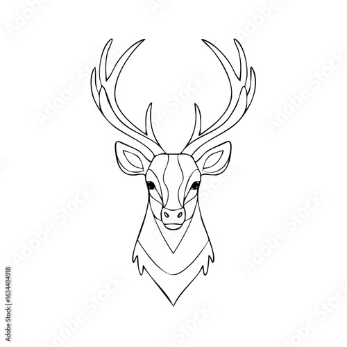 Elegant Deer Head Outline Illustration with Geometric Details and Antlers Symmetry