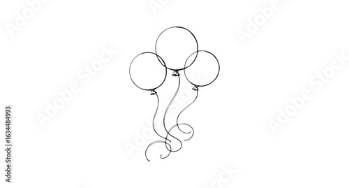 Delicate black and white line drawing of three floating balloons celebration party