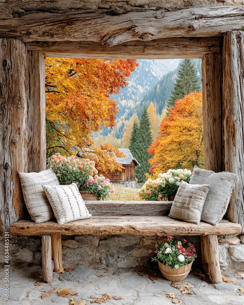 Obraz premium Wide window framing season Cozy wooden bench framed by autumn foliage and mountain view, inviting relaxation. seasonal forest through cozy window