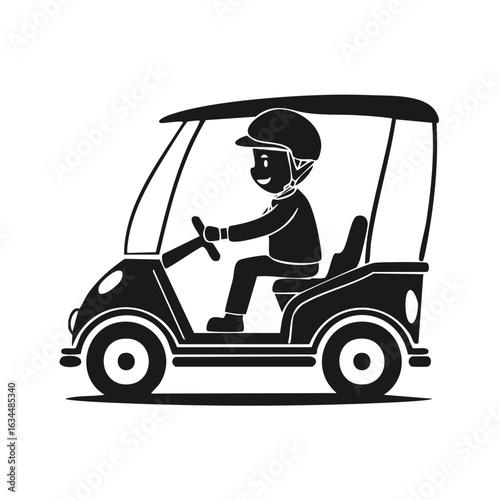 Cartoon Driver in Open Golf Car, Recreational Vehicle Silhouette
