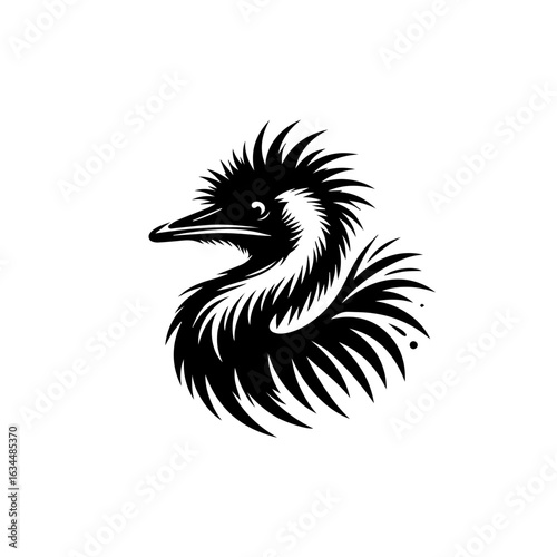 Stylized Black and White Emu Bird Illustration.
