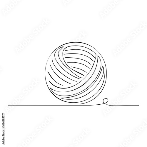 Minimalist illustration of a ball of yarn with a loose end, crafting and knitting supplies simple line drawing.