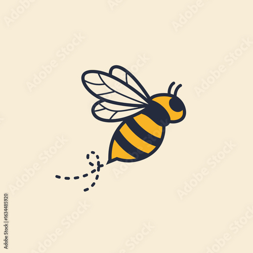 Stylized Bee in Flight, Yellow and Dark Blue, Dotted Trail