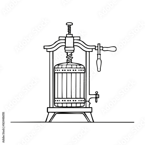 Traditional fruit press drawing with hand crank and tap for juice extraction, line art illustration