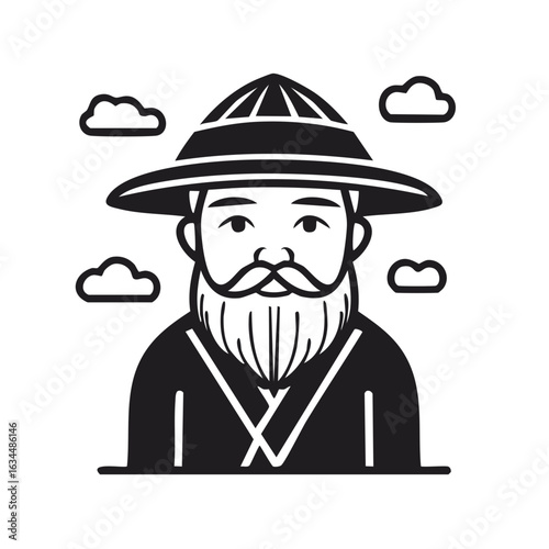 Asian farmer portrait wearing traditional conical hat surrounded by clouds in black and white, culture heritage, agriculture worker, rural lifestyle