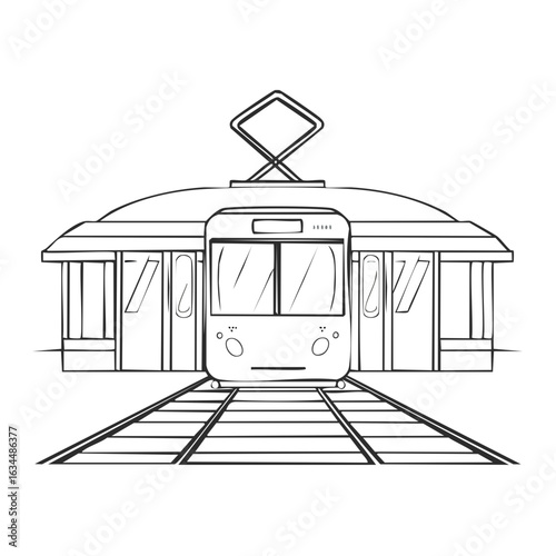 Line art tram approaching station illustration public transportation vehicle