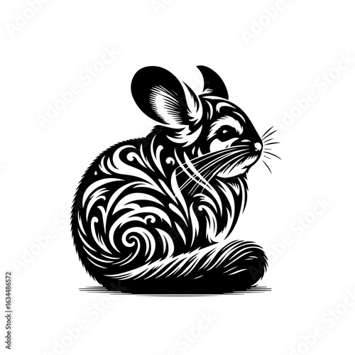 Stylized Chinchilla Animal Art Illustration in Black and White.