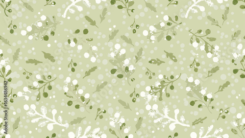 Delicate botanical pattern featuring light green foliage and berries scattered on a soft background shade of green