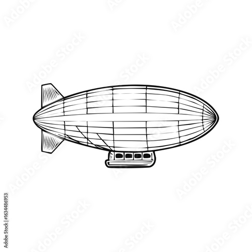 Vintage Airship Sketch Black and White Dirigible Outline Isolated on White