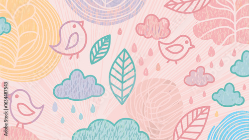 Pastel background with birds clouds leaves and raindrops in a whimsical and dreamy aesthetic style art