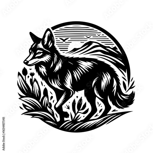 Wild Fox in Mountain Landscape Silhouette.