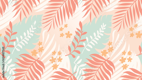 Tropical pattern with pastel palm leaves and small flowers in a seamless design for summer vibes
