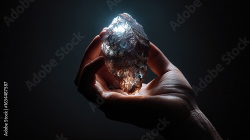 Close-up of a hand holding a glowing crystal against a dark background, using cinematic lighting effects to showcase the luxury and elegance of high-end jewelry style.