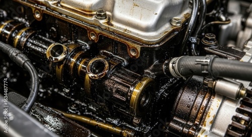 Engine's Oily Heart: A detailed close-up showcases the inner workings of an engine, with a spotlight on oily, greased metal components, capturing the raw power of automotive machinery.