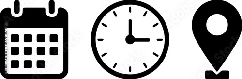 Calendar Clock and Location Icons Appointment Scheduling and Time Management for Meeting Coordination