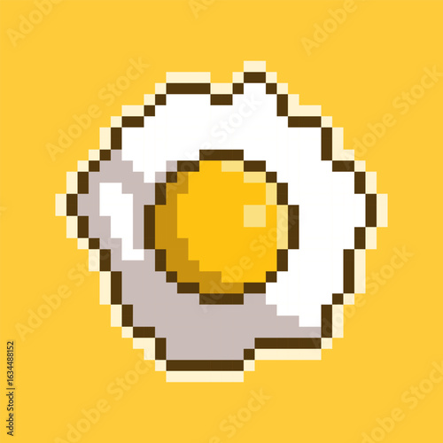Retro pixel art fried egg icon. This delicious-looking 8-bit illustration features cooked sunny-side up egg with a bright yellow yolk and crispy white edges