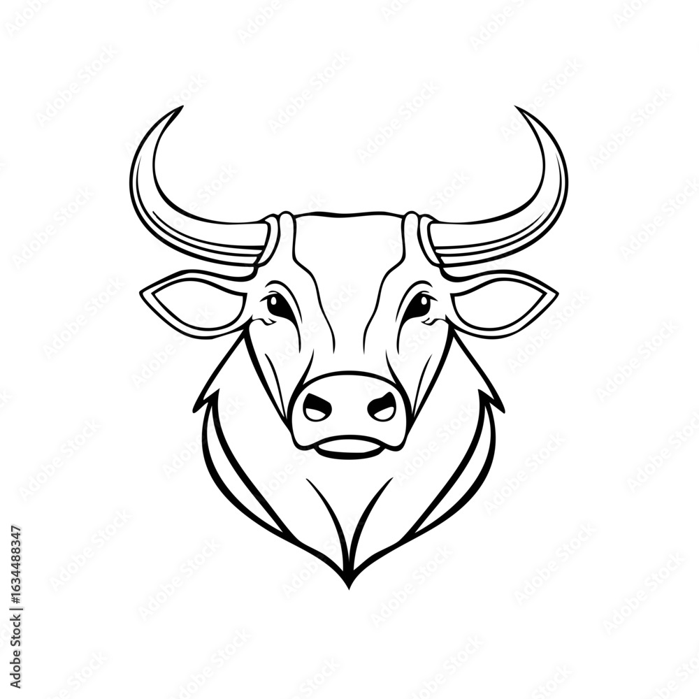 Naklejka premium Detailed black and white line art illustration of a bull head featuring strong horns and a powerful presence in a modern style