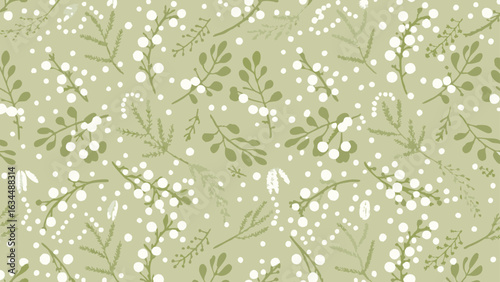 Delicate foliage and berries scattered across a light green background creating a seamless pattern design