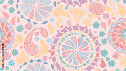 Pastel watercolor pattern featuring floral elements paisley shapes and circular mandala designs in soft hues