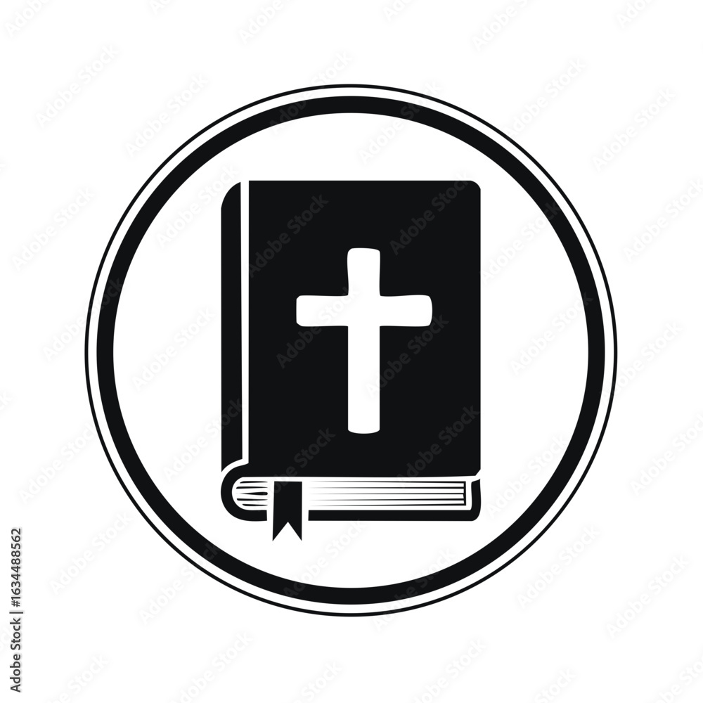 Fototapeta premium Bible graphic with Christian cross symbol in black, religion book icon illustration