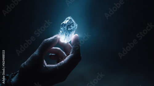 Close-up of a hand holding a glowing crystal against a dark background, using cinematic lighting effects to showcase the luxury and elegance of high-end jewelry style.
