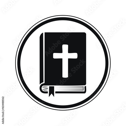 Bible graphic with Christian cross symbol in black, religion book icon illustration