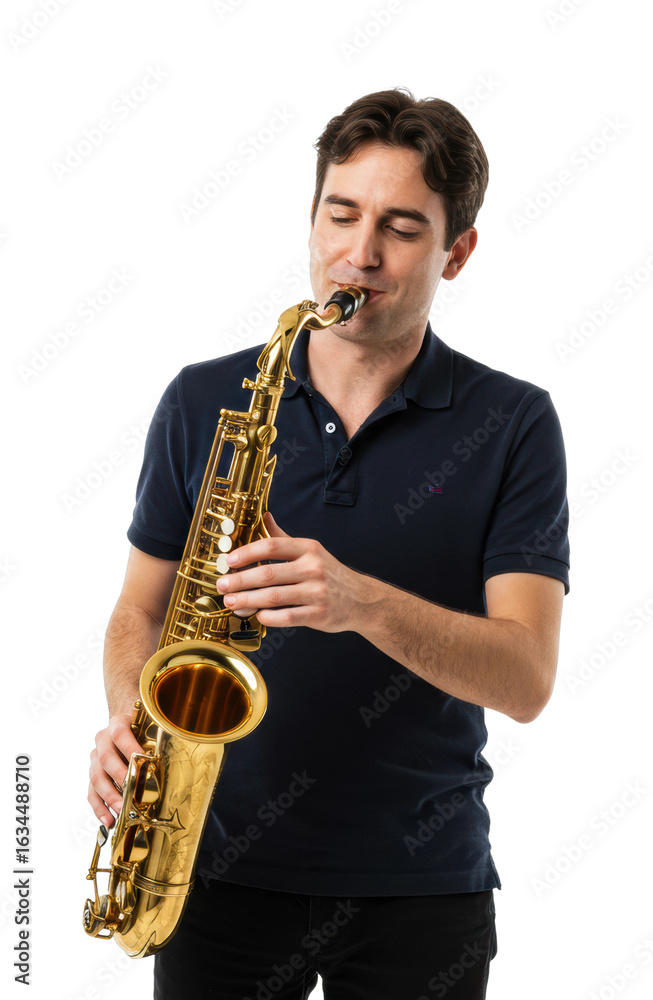 Fototapeta premium Young caucasian male playing saxophone in black polo shirt. Cut out PNG
