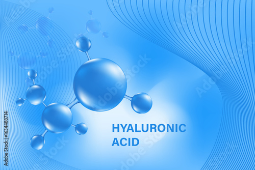 Blue 3D hyaluronic acid molecule icon, liquid collagen serum formula, Cosmetic moisturizer product background with copy space. Aesthetic skincare treatment banner. Beauty science molecular concept