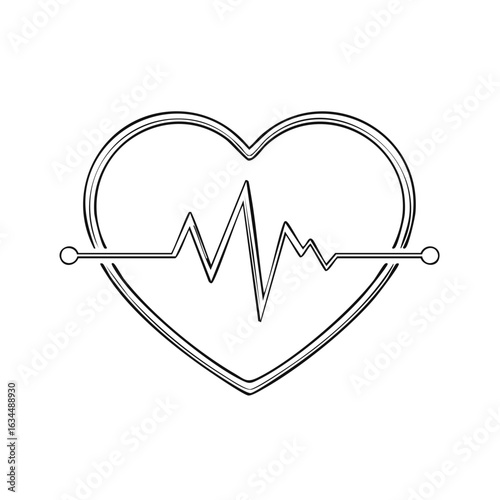 Heartbeat Pulse Wave in a Heart Graphic, Medical Concept, Monochrome Outline