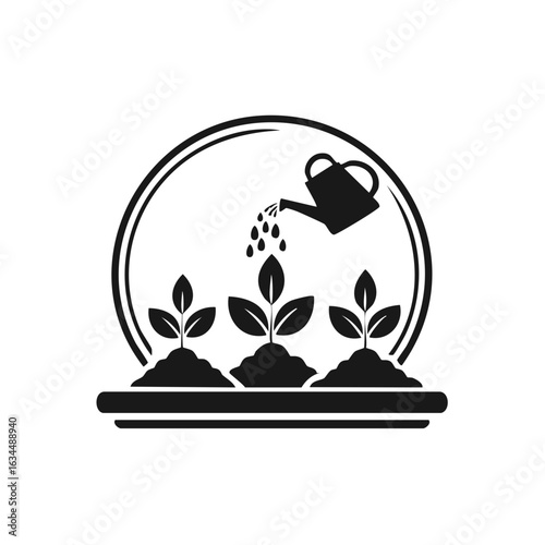 Watering Plants Illustration: Seedlings Growing, Watering Can, Drops, Black and White Graphic, Circle Border