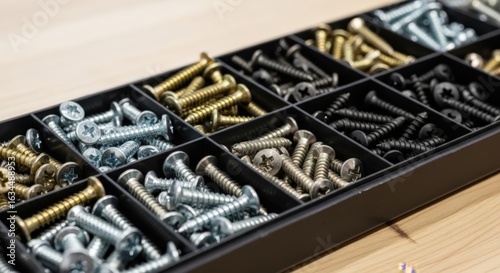 Hardware Assortment: A meticulous assortment of screws, bolts, and fixings are neatly organized, exhibiting an array of metal hardware on display.
