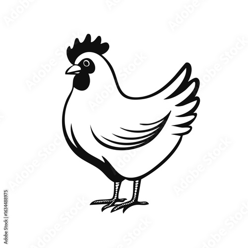 Simple black and white illustration of a standing hen viewed from the side showing plumage and comb with clear lines and distinct detail