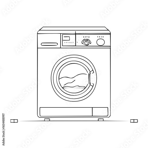 Line Art Depiction of a Front Loading Washing Machine with Clothes Inside, on Anti Vibration Pads