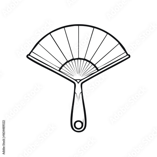 Outline illustration of handheld folding fan with handle, refreshing and traditional.