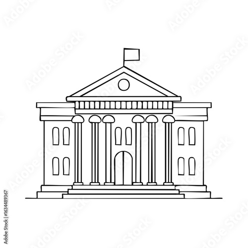 Governmental Building with Columns and Flag Simple Hand Drawn Line Art