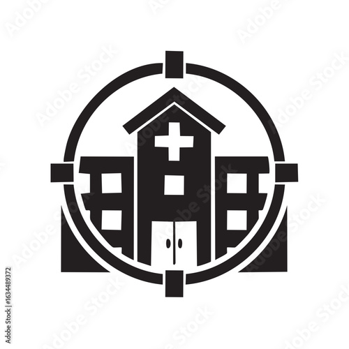 Abstract monochrome hospital facade with cross enclosed in geometric circle, health