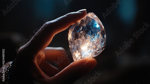 Close-up of a hand holding a glowing crystal against a dark background, using cinematic lighting effects to showcase the luxury and elegance of high-end jewelry style.