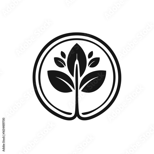 Plant sprout growing with leaves in circle emblem for nature or growth themes