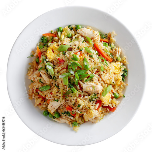 Chicken and vegetable fried rice served on transparent background